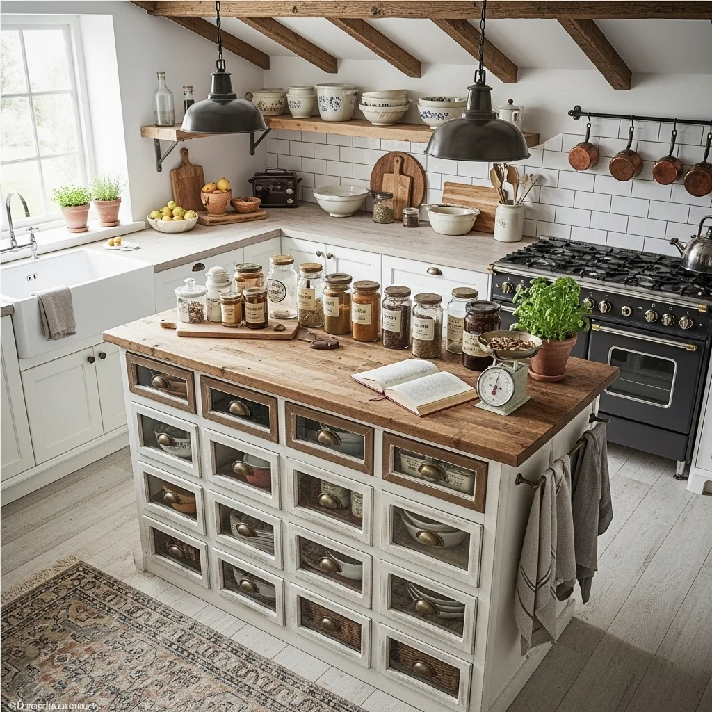  Vintage Apothecary Island with Glass Drawers