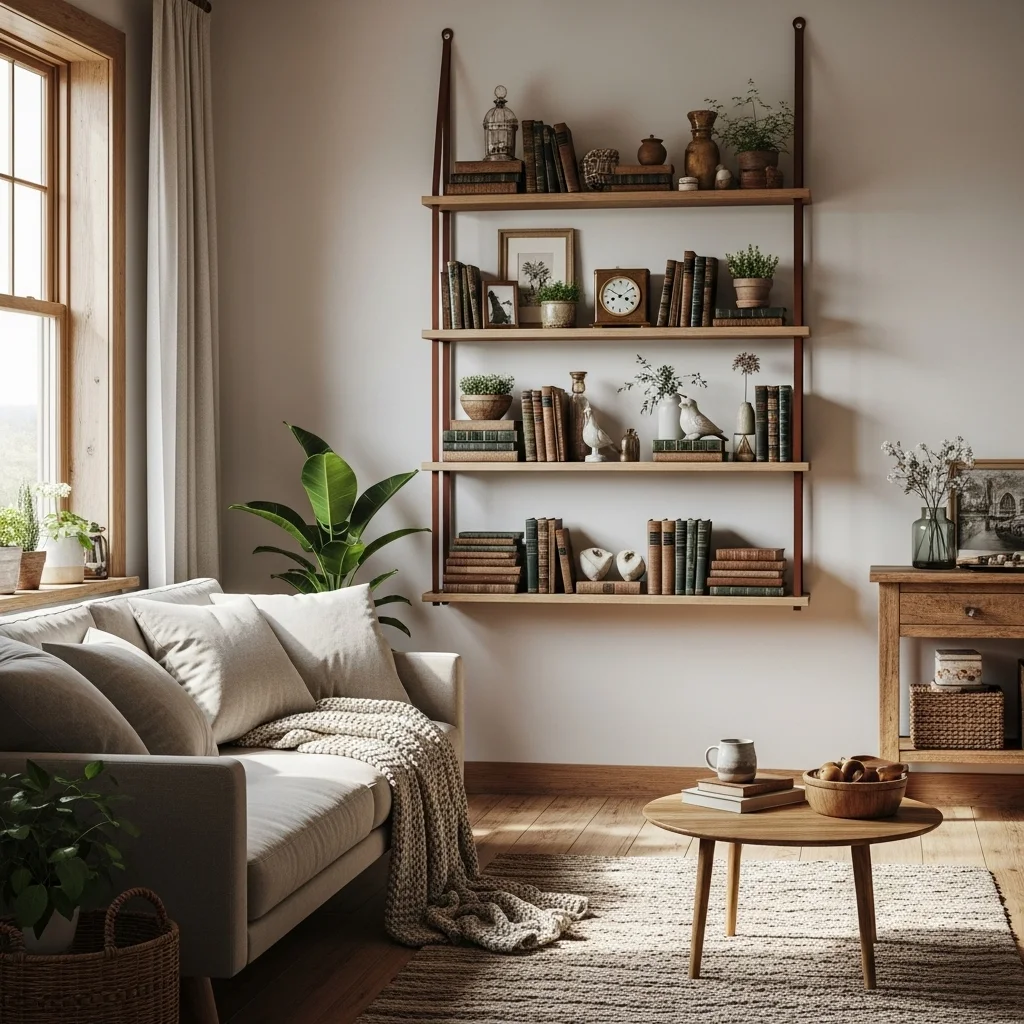 Wooden Shelves with Leather Straps