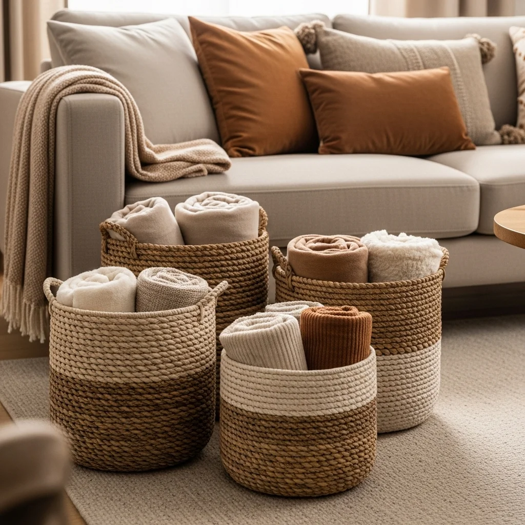  Woven Baskets by the Sofa