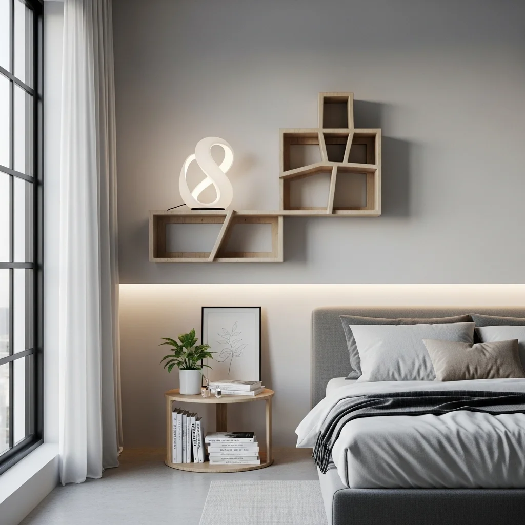 Asymmetrical Shelf and Sculptural Lamp Combo