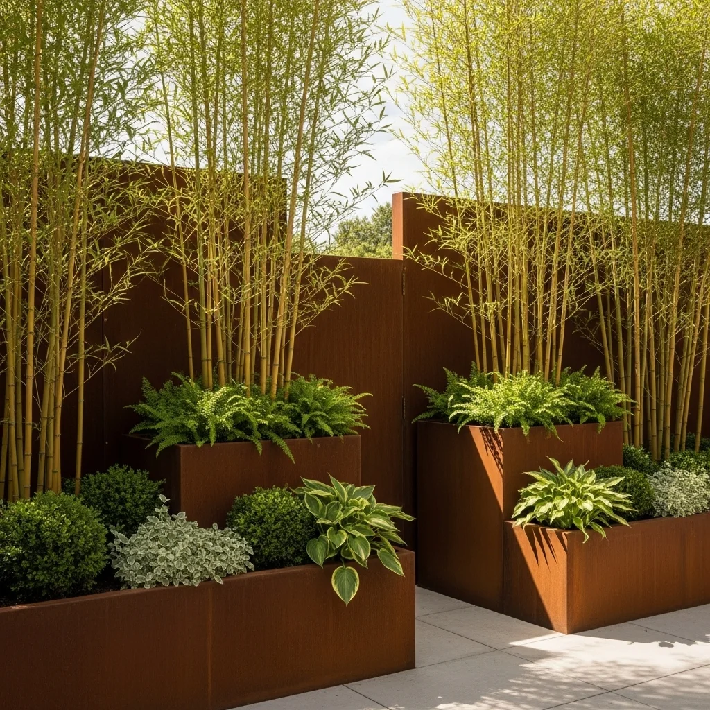 Bamboo Screen with Corten Steel Planters