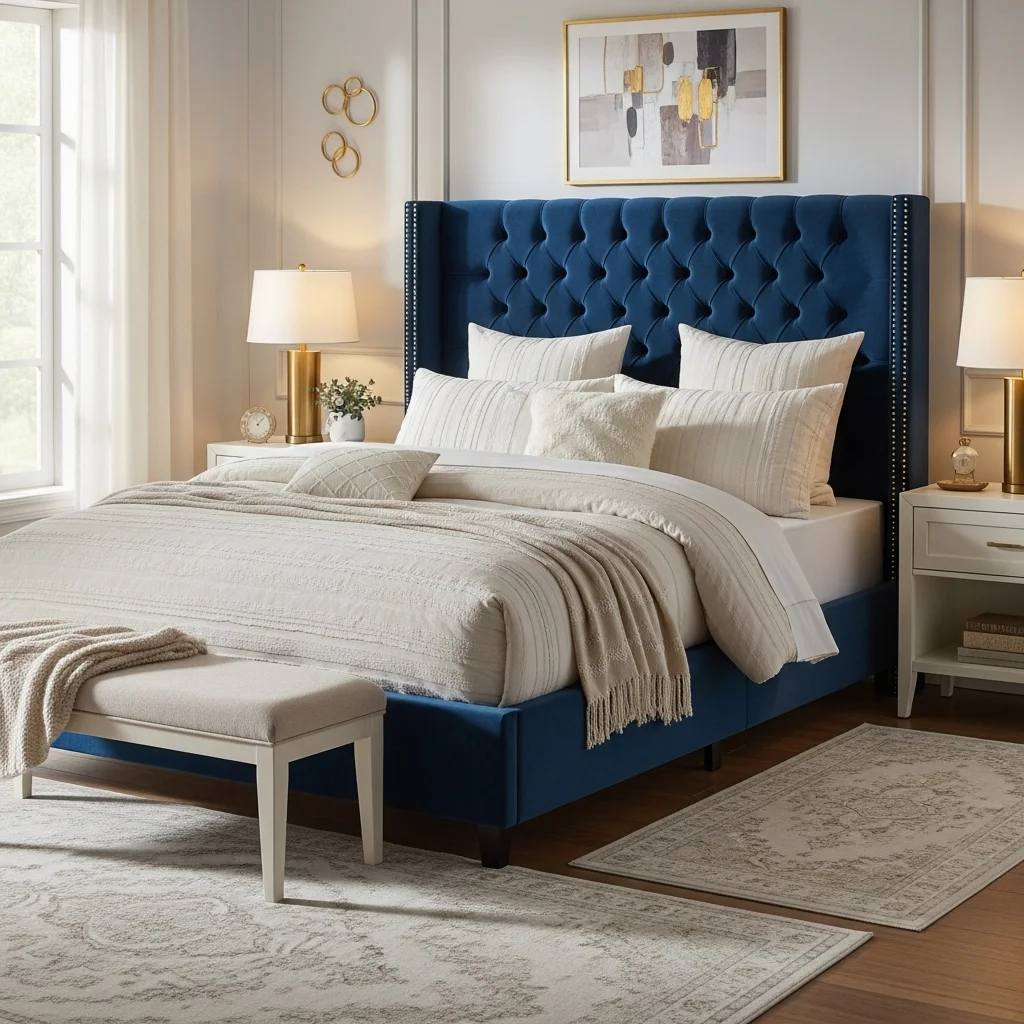  Blue Velvet Bed Frame with Cream Accents