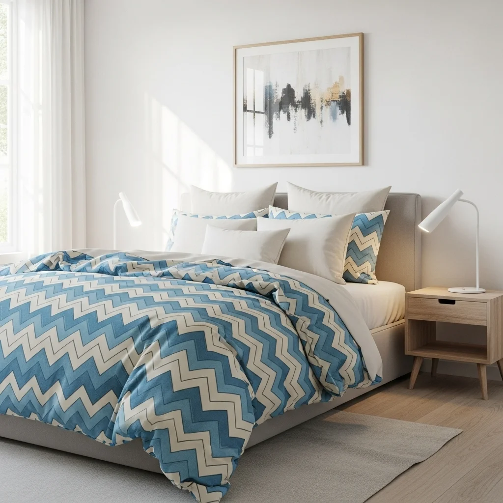 Blue and Cream Chevron Pattern Bedding