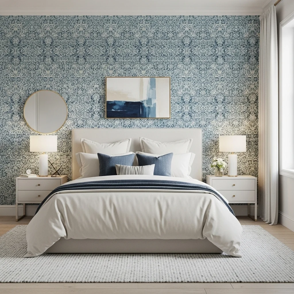 Blue and Cream Patterned Wallpaper