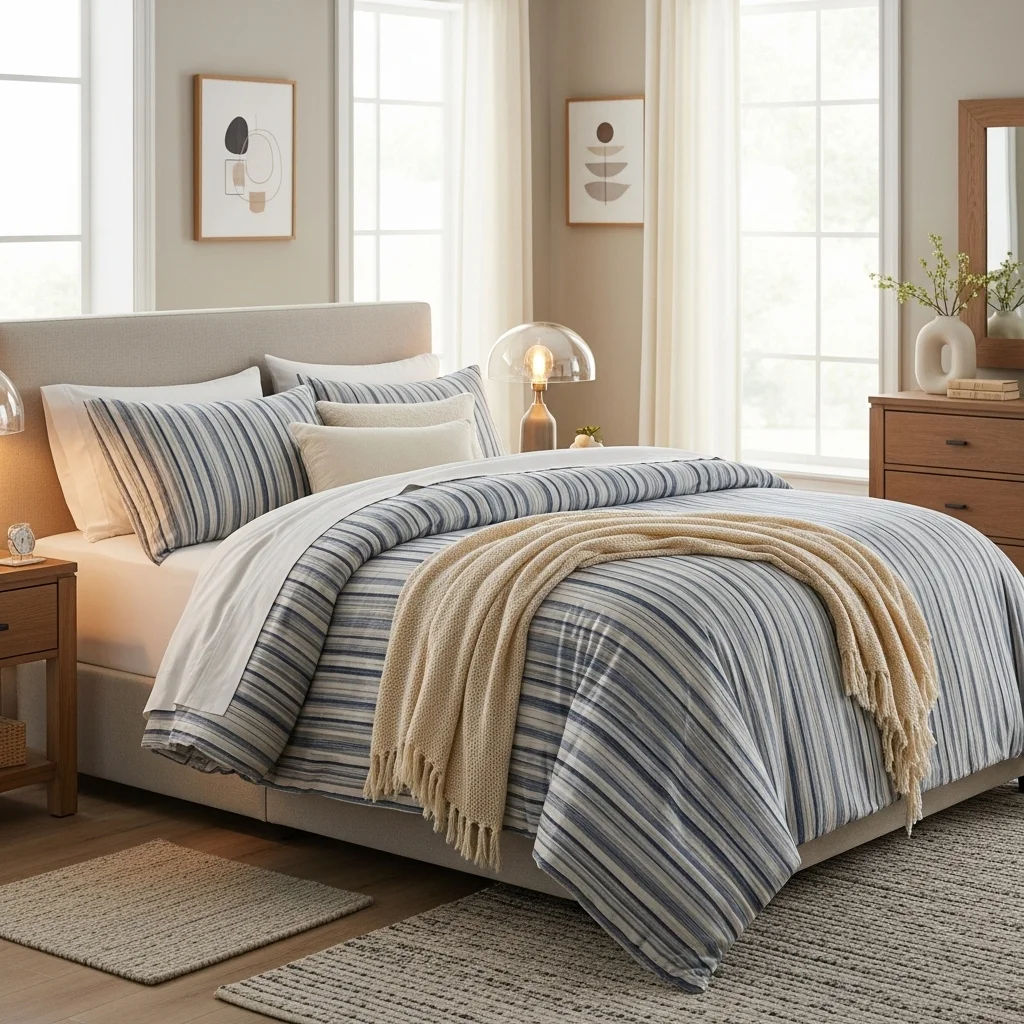 Blue and Cream Striped Bedding