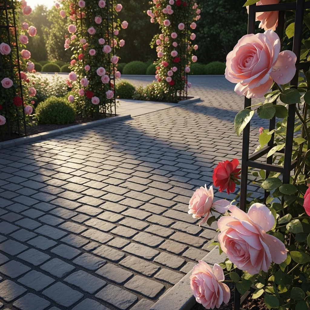Cobblestone Apron with Climbing Rose Trellises
