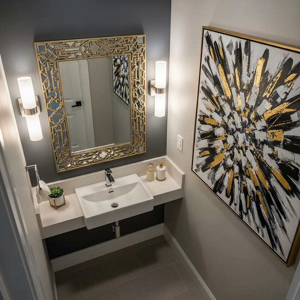  Compact Dark Grey Powder Room with Bold Art