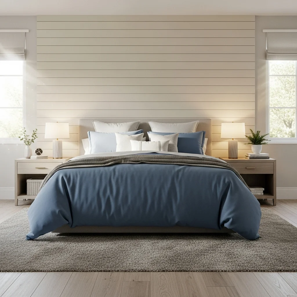 Cream Shiplap Wall with Blue Bedding