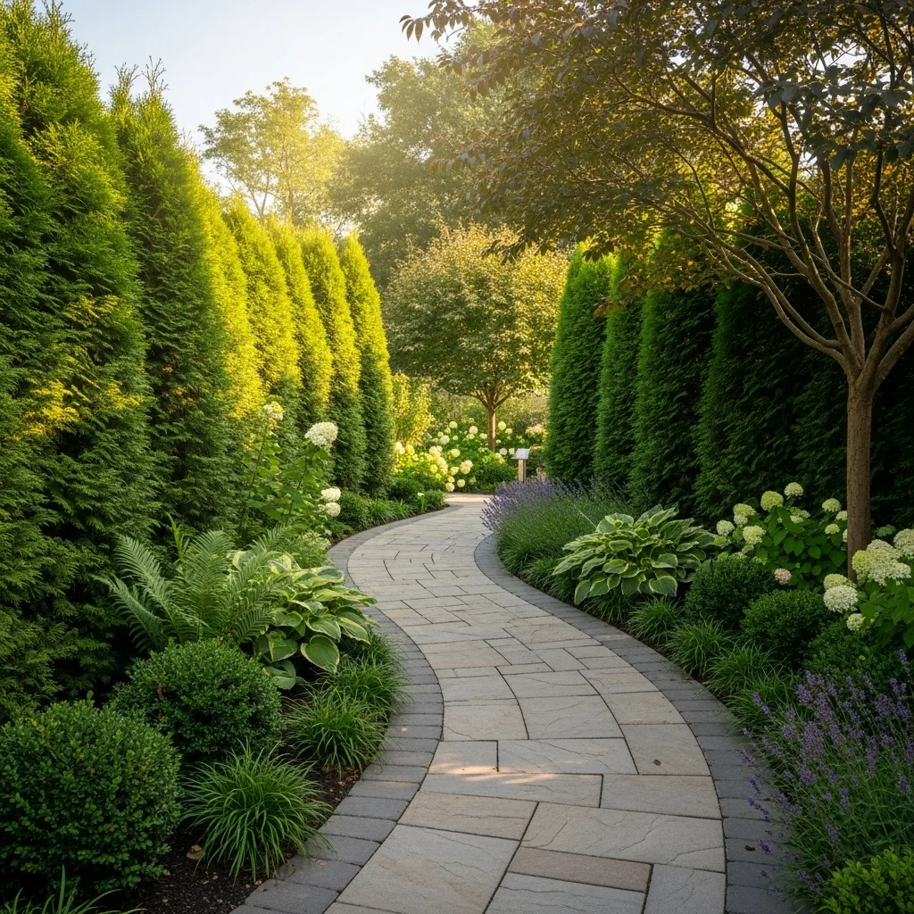 Curved Stone Paver Path with Arborvitae Screens