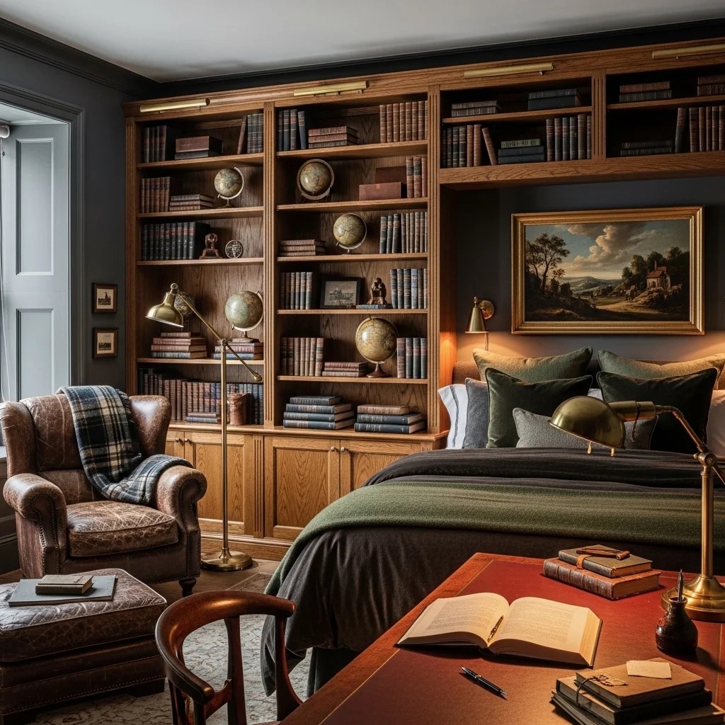 Dark Academia Oak and Leather Library Nook