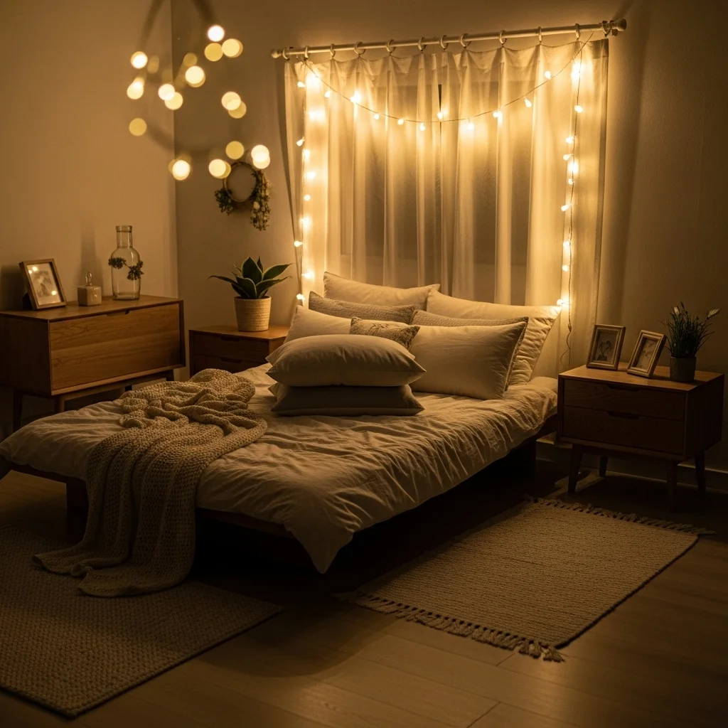 Drape Fairy Lights Across a Bed Curtain Rod