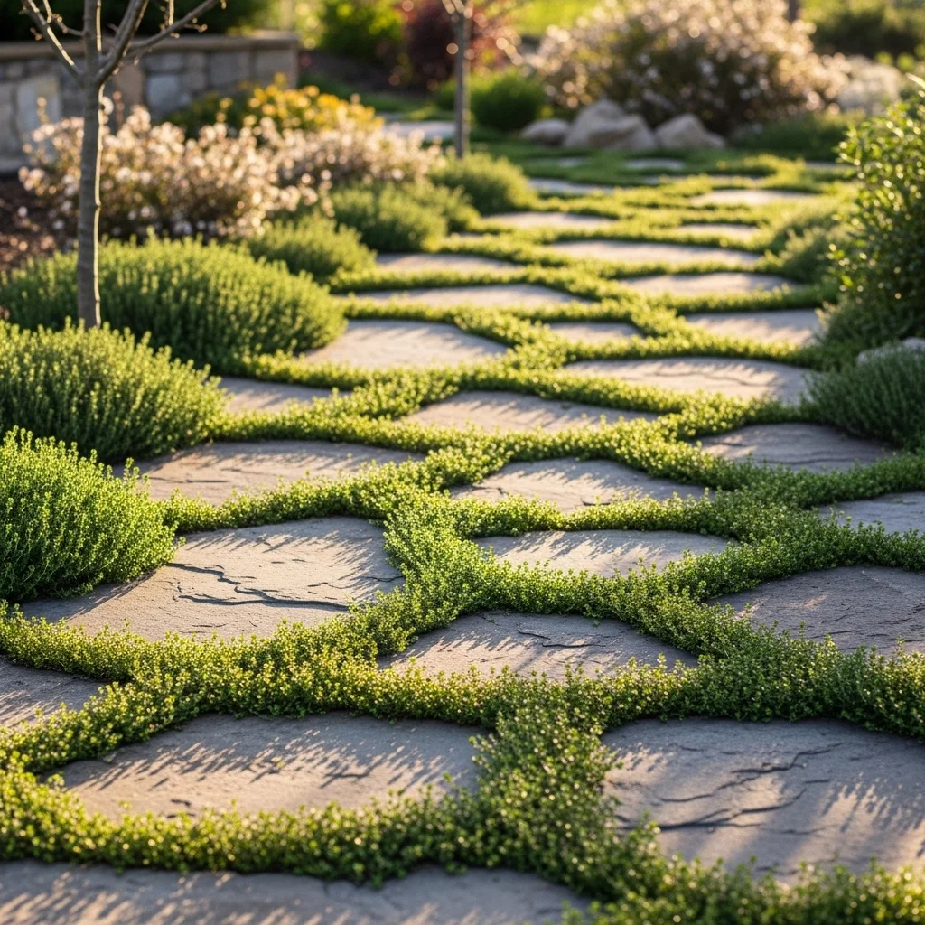 Flagstone Ribbon with Creeping Thyme Joints