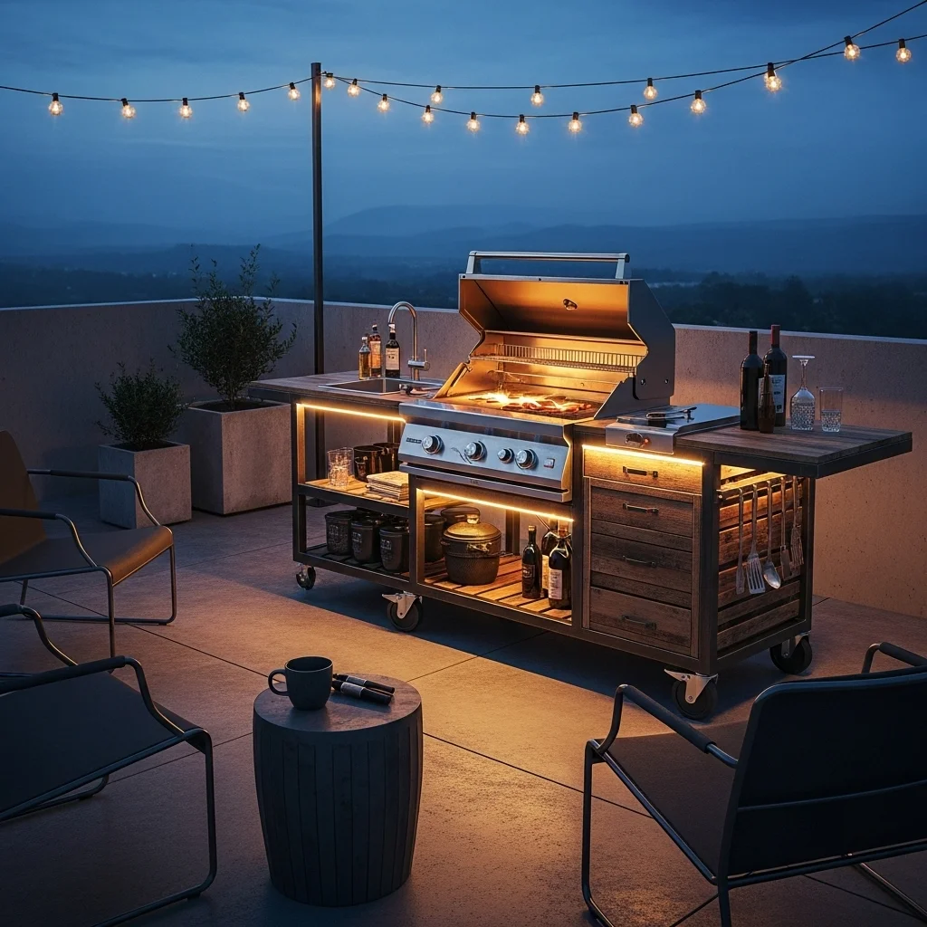 Industrial Loft-Style Rolling Grill Cart Command Center