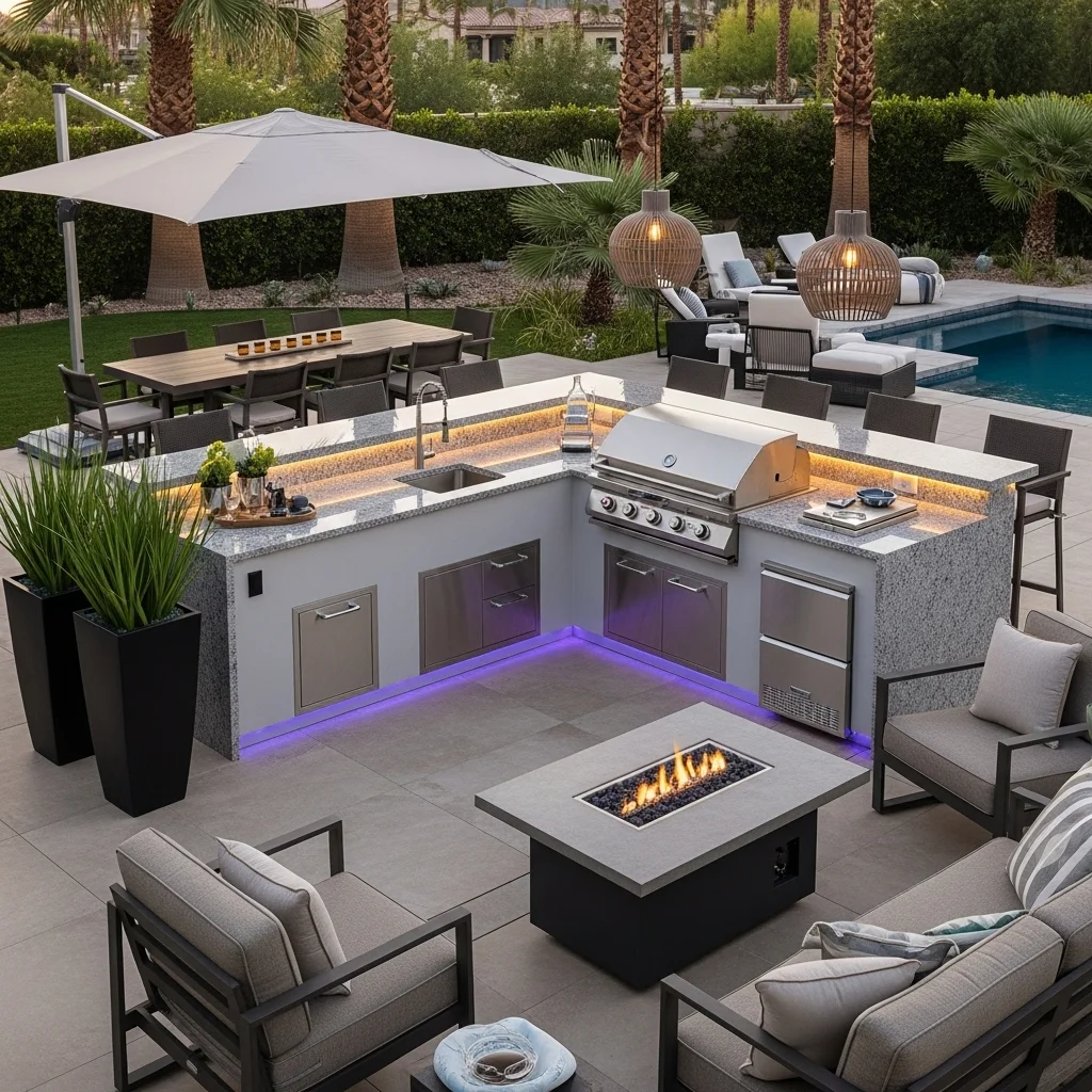 Luxe Resort-Style L-Shaped Outdoor Kitchen Bar