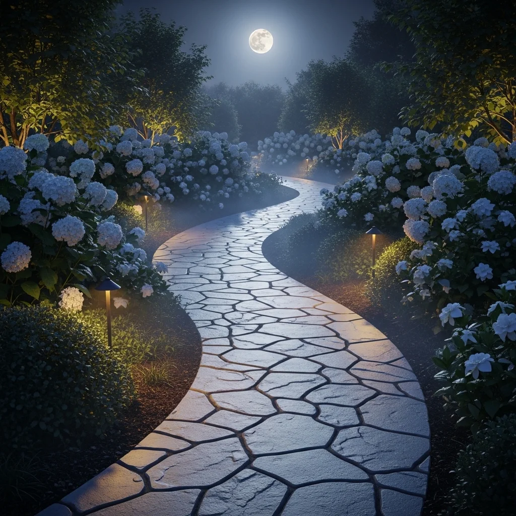 Moonlight Garden with White Flowering Shrubs
