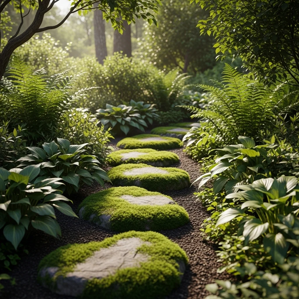 Moss-Covered Stepping Stones with Fern Groves