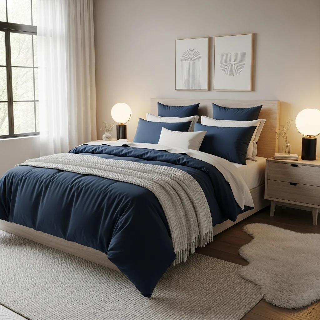 Navy Blue Bedding with Cream Pillows