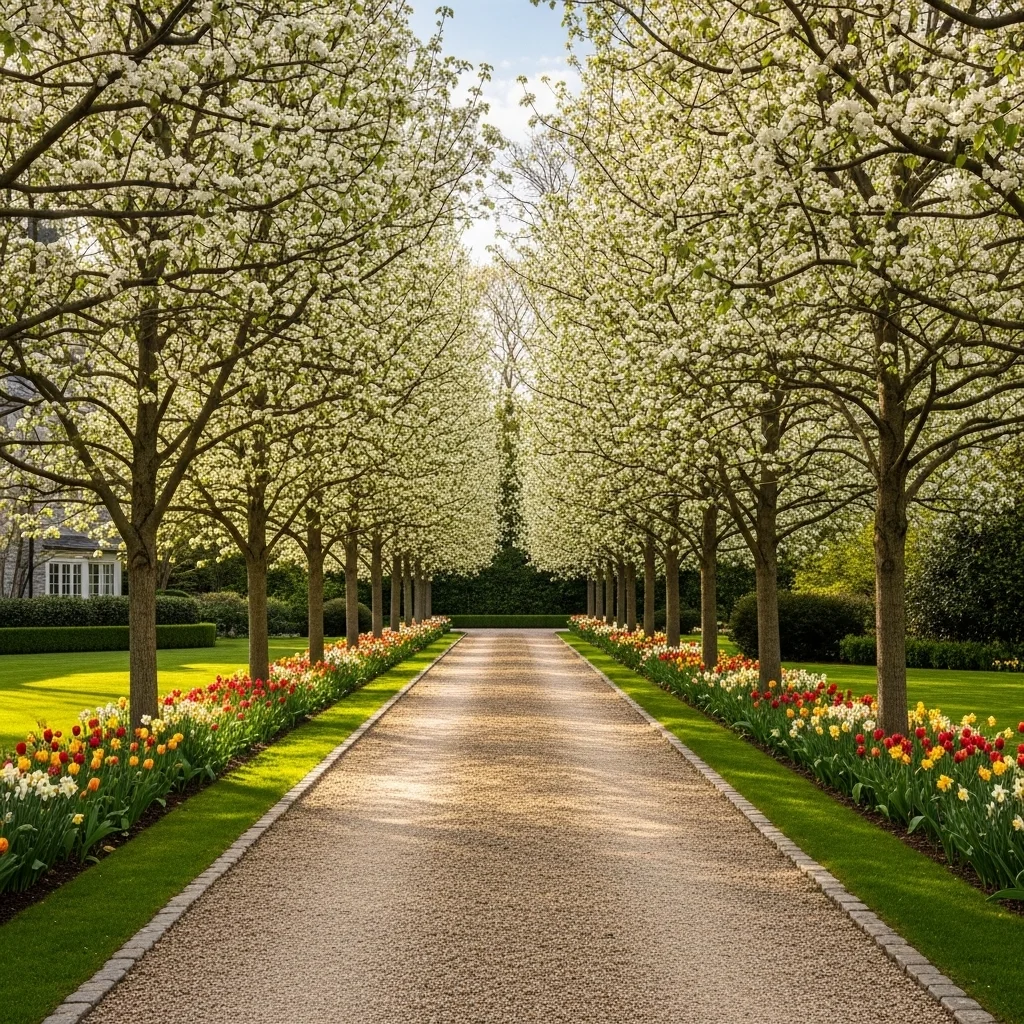 Ornamental Pear Tree Allee with Underplanted Bulbs
