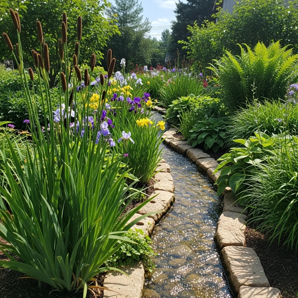 Rain Garden Bioswale with Iris and Rushes
