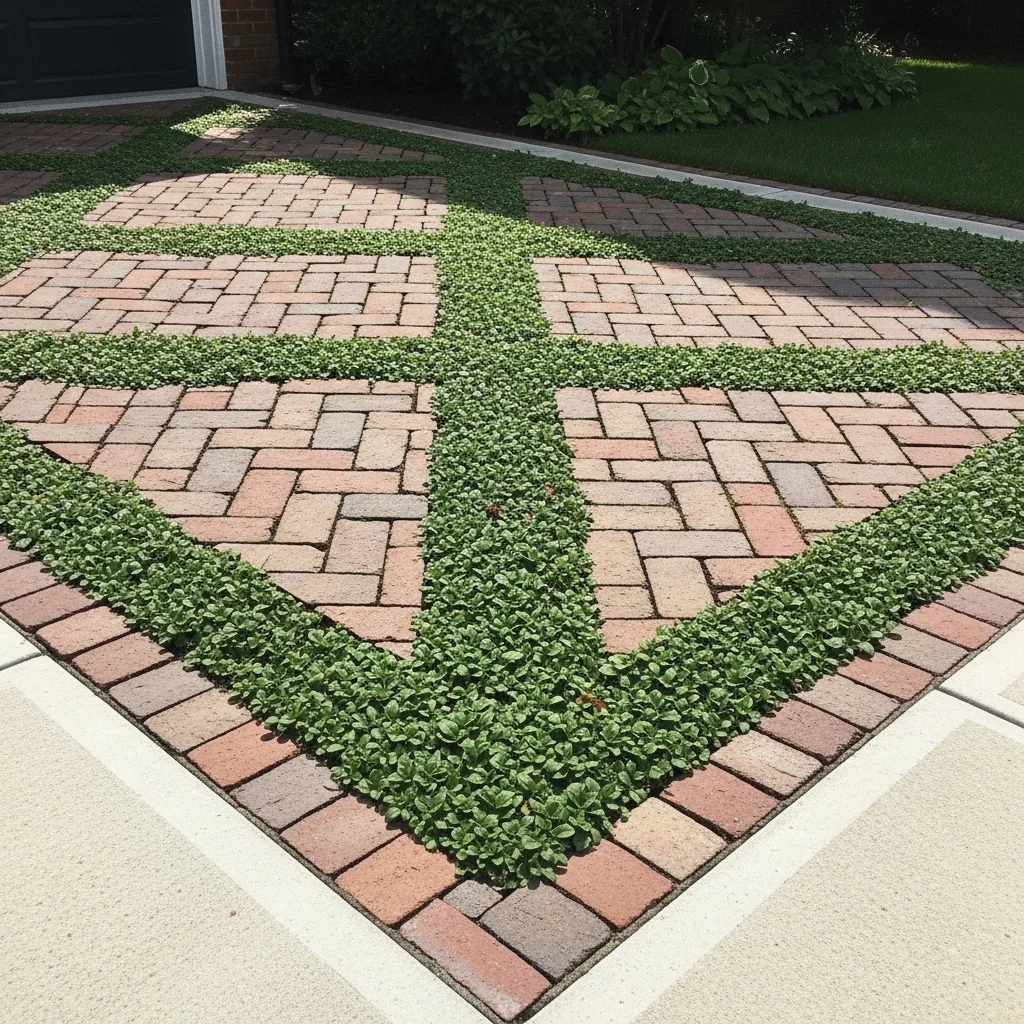 Recycled Brick Herringbone Infill with Vinca Groundcover