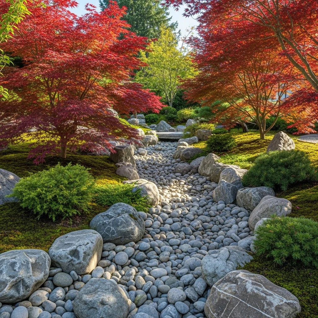 River Rock Dry Creek Bed with Japanese Maple Accents
