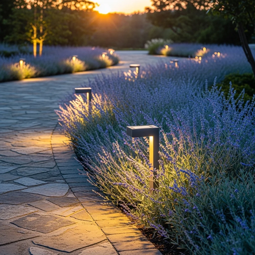 Solar Bollard Lanterns with Russian Sage Hedge