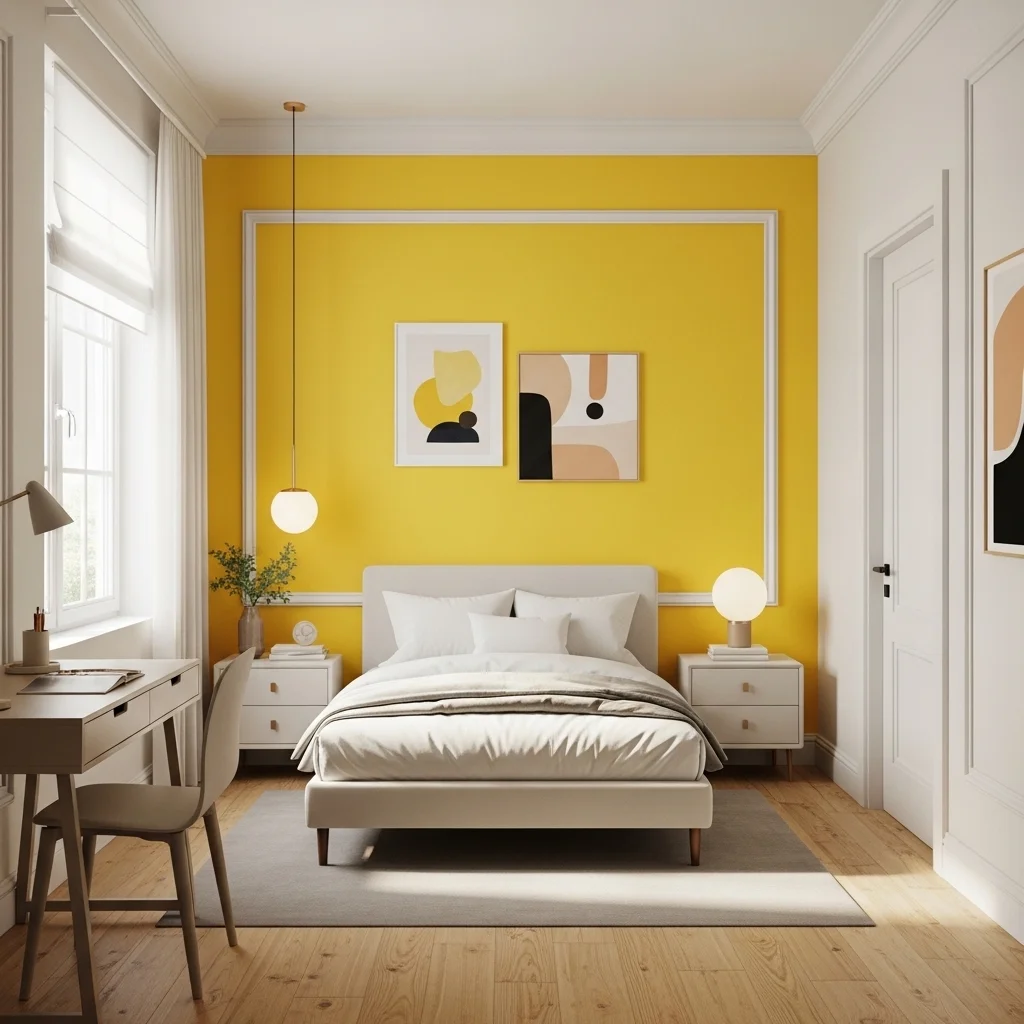 Yellow Accent Walls with White Crown Molding