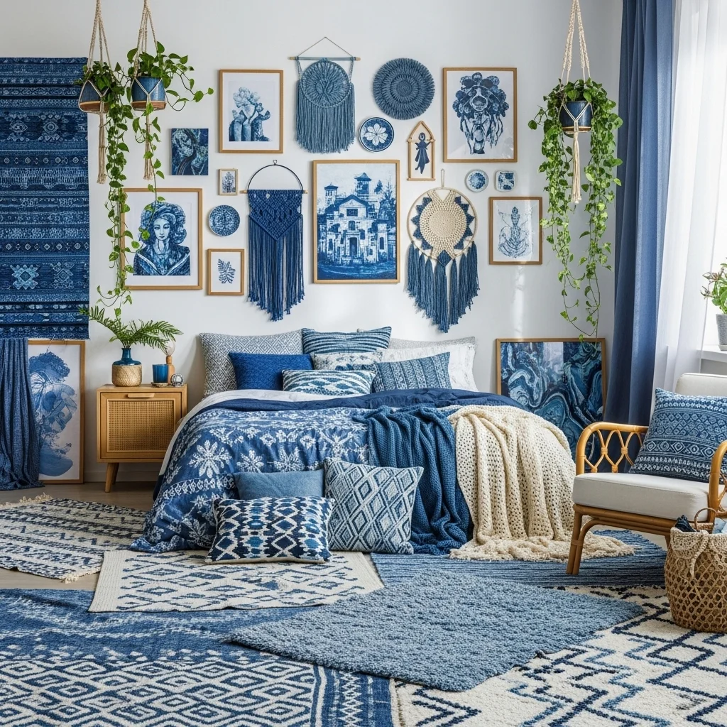  Boho Gallery Wall with Blue Accents
