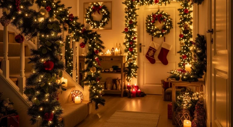 15 Cozy Christmas Hallway Decor Ideas with Garland and String Lights