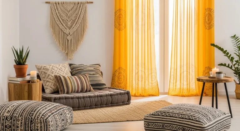 Modern Boho Lounge Setup with Bright Curtains
