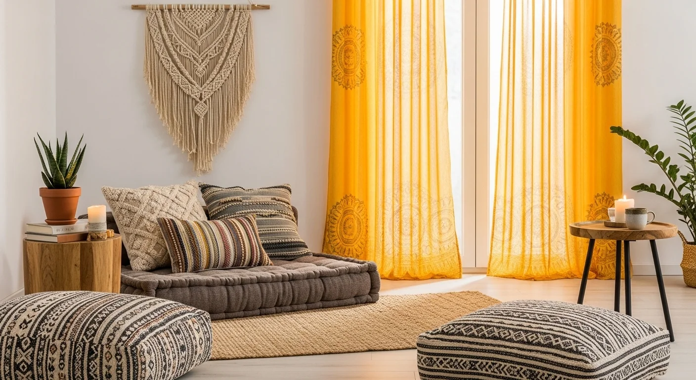 Modern Boho Lounge Setup with Bright Curtains