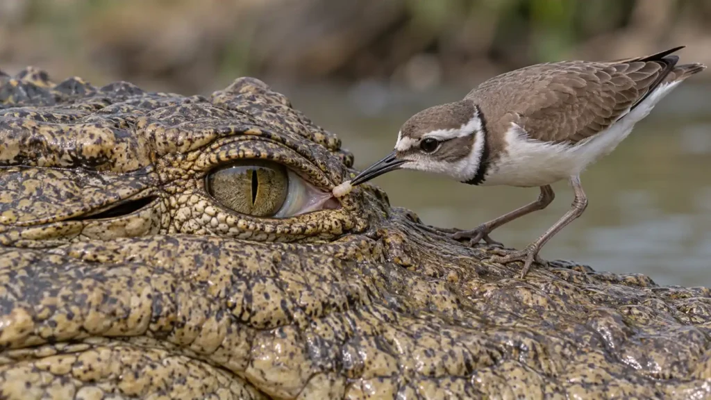 Plover Tugs Larva at Crocodile Eye