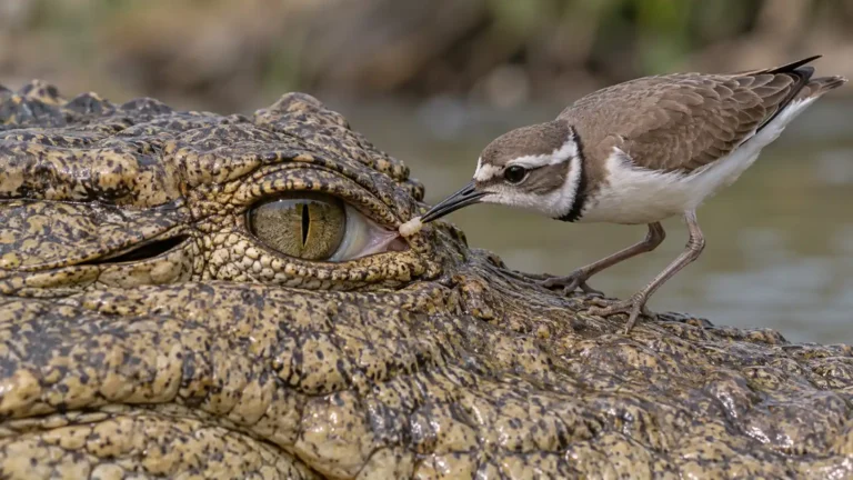 Plover Tugs Larva at Crocodile Eye