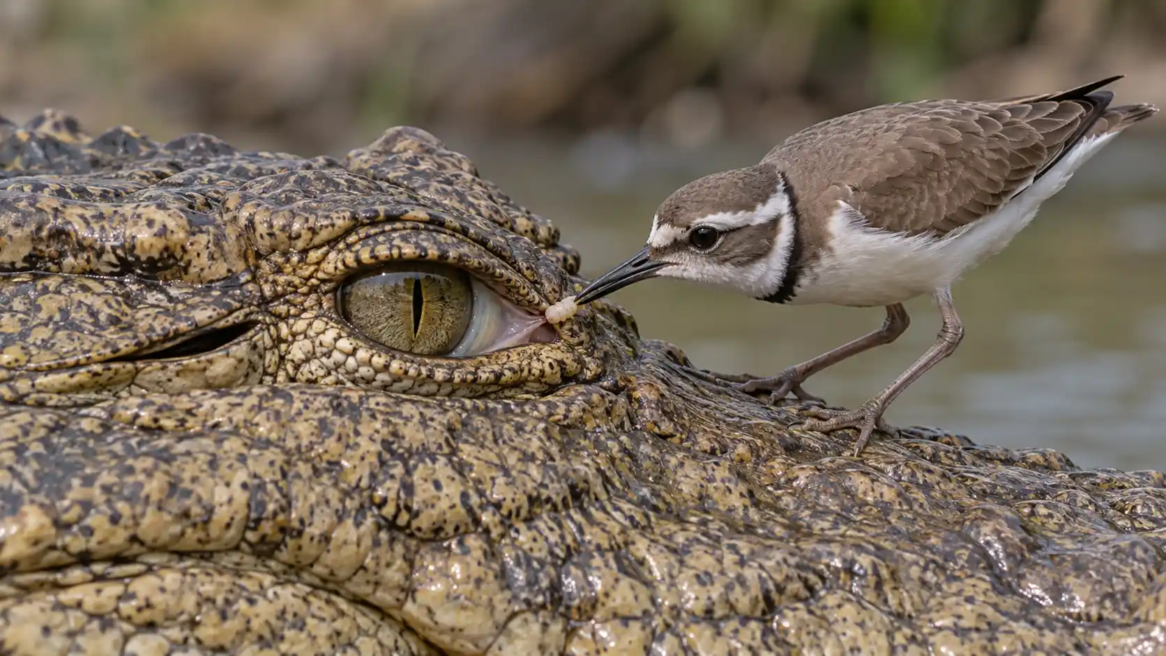 Plover Tugs Larva at Crocodile Eye